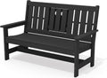 SERWALL Outdoor Bench with Cup Holder, 58' HDPE Garden Park Bench Suitable for 3 Person, All Weather Patio Benches with High Backrest and Wide Armrests for Garden, Park, Yard, Front Porch, Black