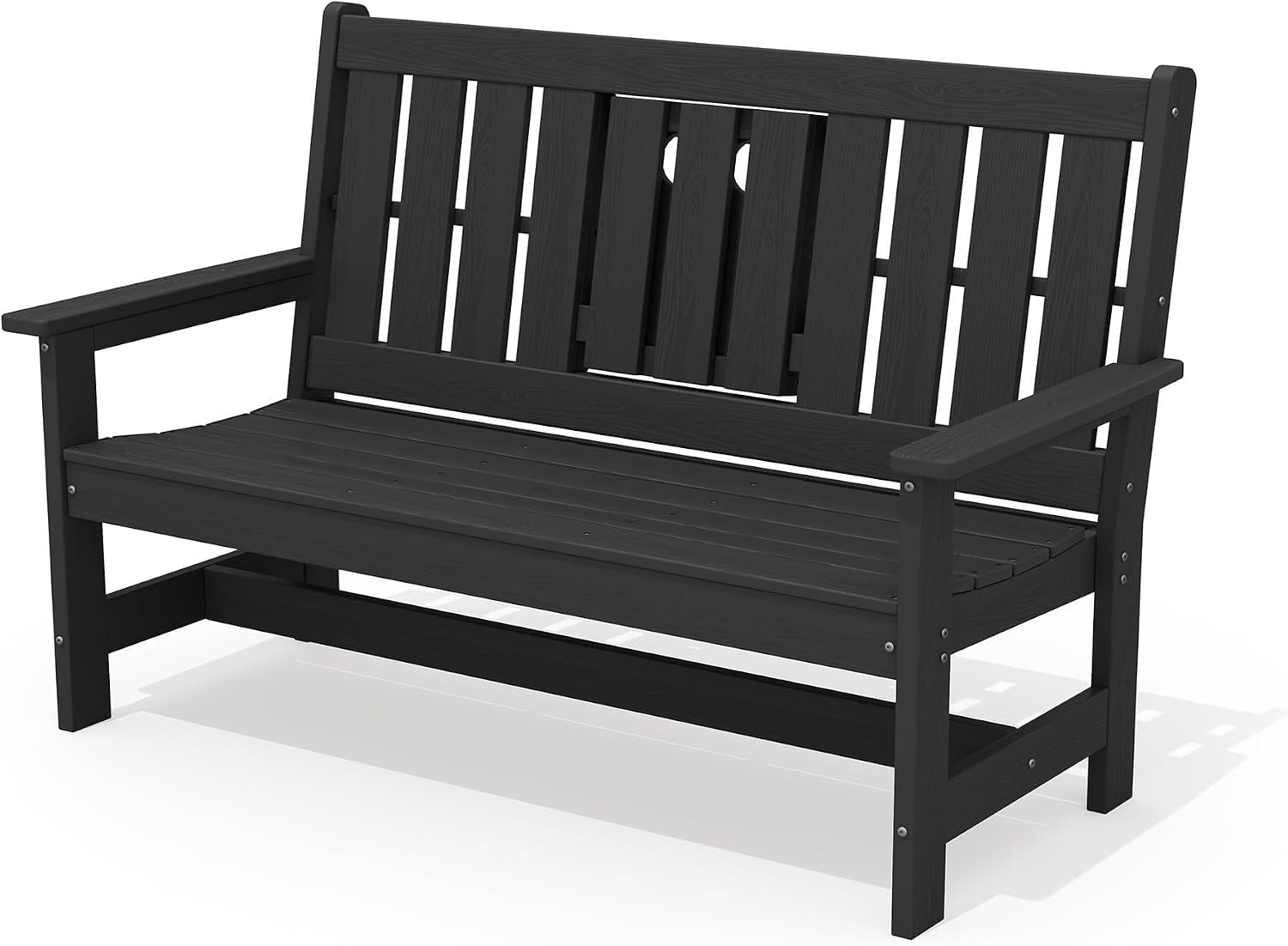 SERWALL Outdoor Bench with Cup Holder, 58' HDPE Garden Park Bench Suitable for 3 Person, All Weather Patio Benches with High Backrest and Wide Armrests for Garden, Park, Yard, Front Porch, Black