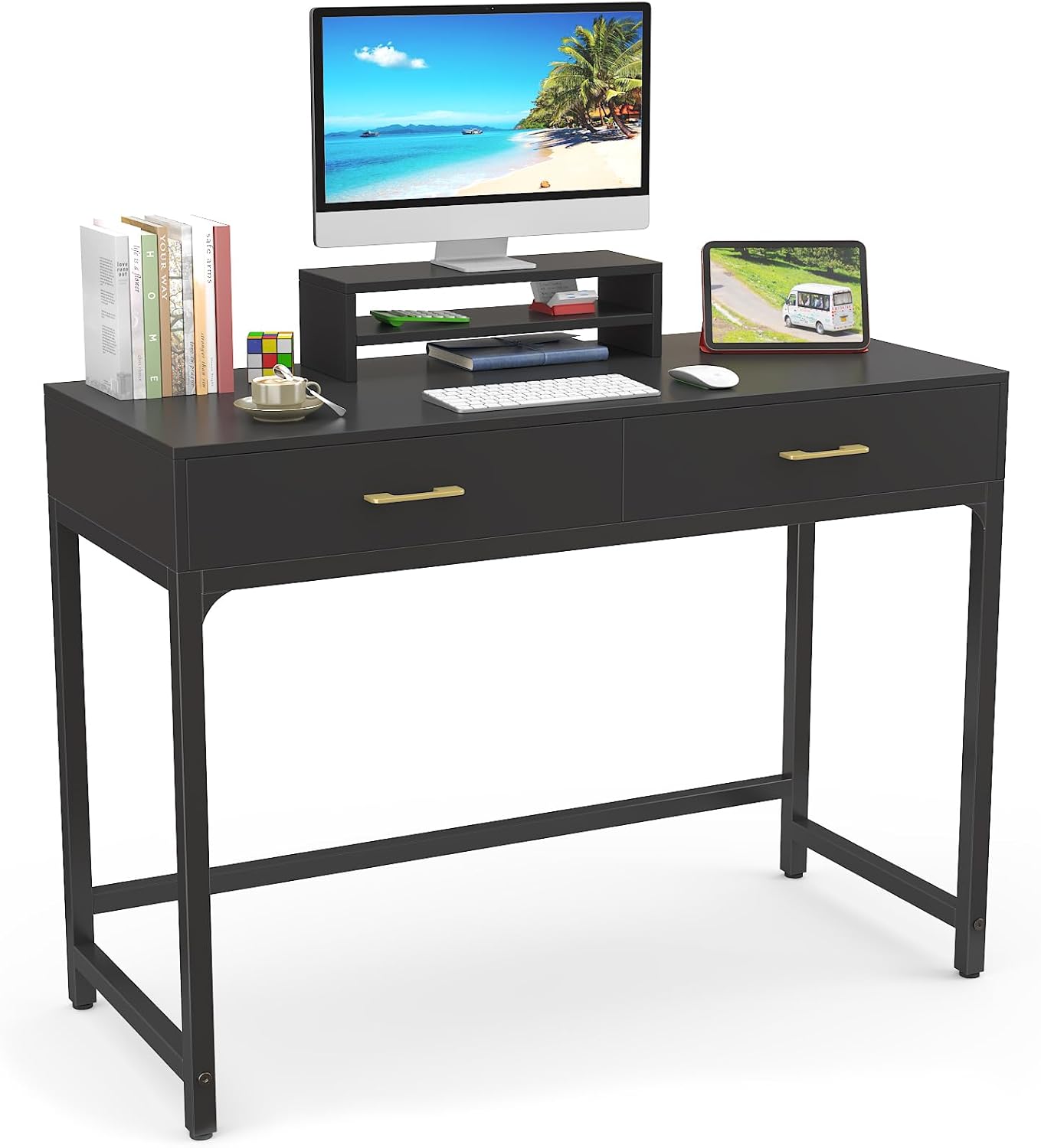 WESTREE Computer Gaming Desk Office - Study Writing Desk with Drawer for Teen, Bedroom Makeup Desk Home Office Furniture with Storage Shelf, Height Monitor Stand