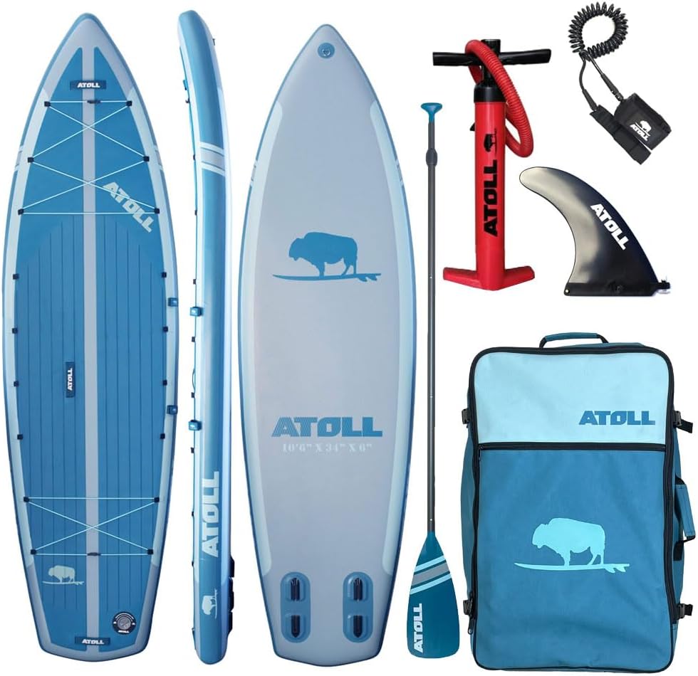 Atoll New Inflatable Stand Up Paddle Board - Enclave 10′6″ Compact/Archipelago 12′6″ Touring/Outrider 12′ All-Around iSUP | Dual-Layer PVC, 15 PSI, Travel, Yoga, Fishing & Touring Package
