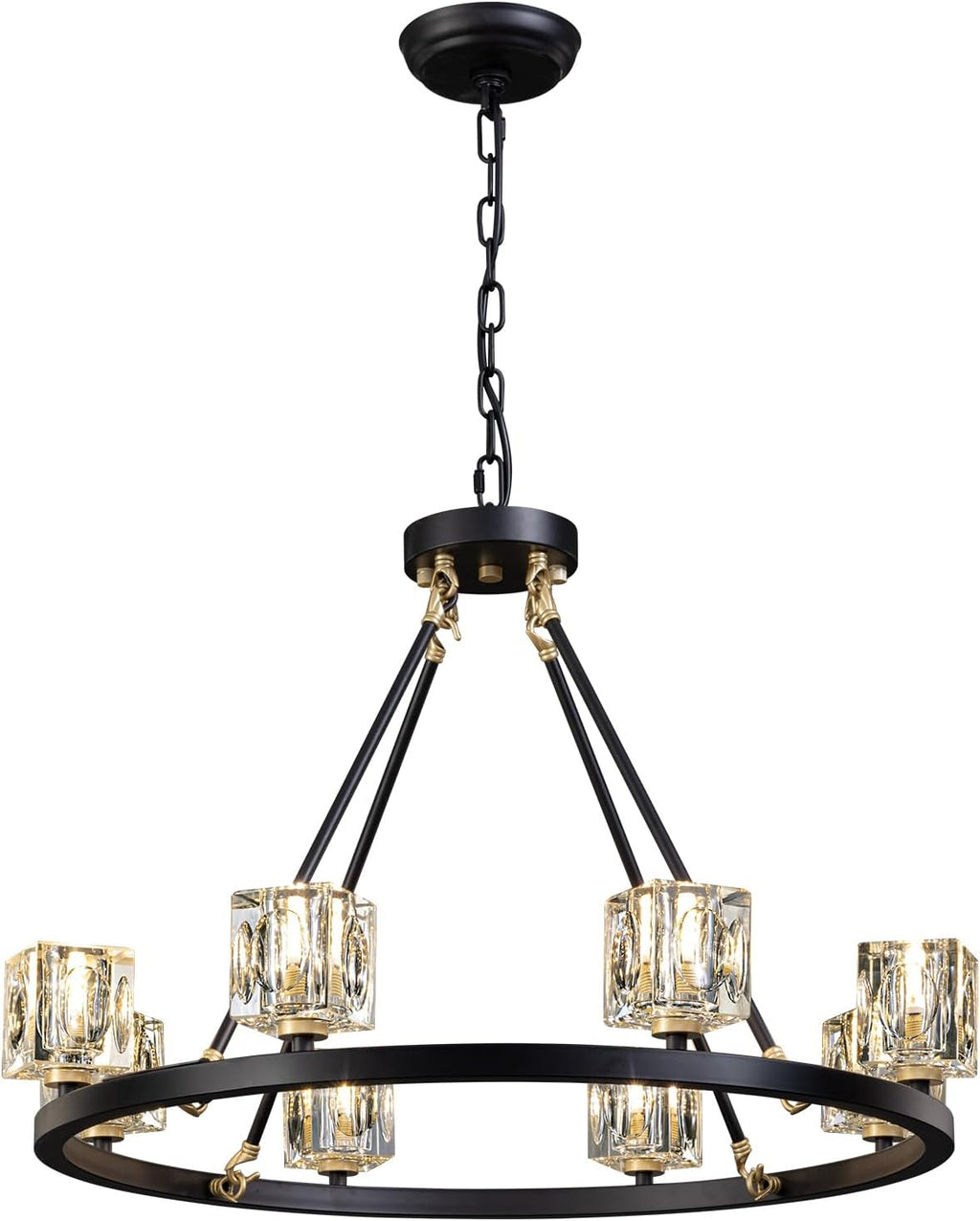 Black Wagon Wheel Chandelier, 8-Light Farmhouse Crystal Chandeleirs with Adjustable Height,Ceiling Hanging Light Fixture Pendant Lights for Living Room,Bedroom,Kitchen Island,Dining Room