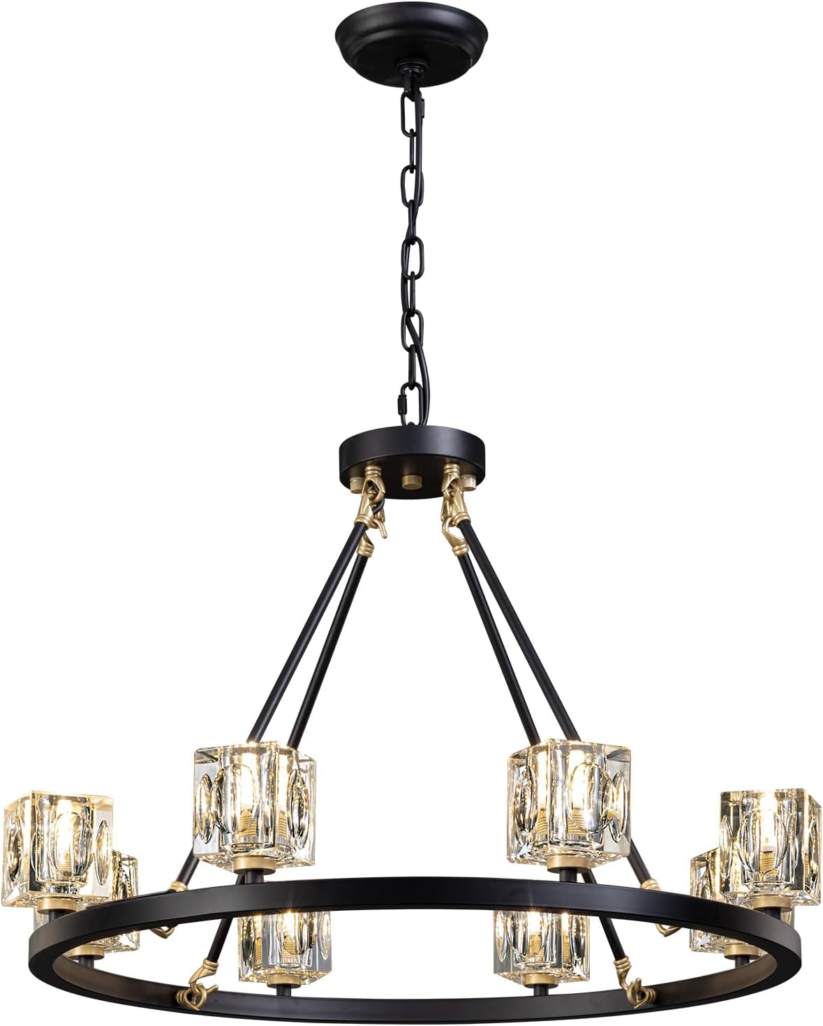 Black Wagon Wheel Chandelier, 8-Light Farmhouse Crystal Chandeleirs with Adjustable Height,Ceiling Hanging Light Fixture Pendant Lights for Living Room,Bedroom,Kitchen Island,Dining Room