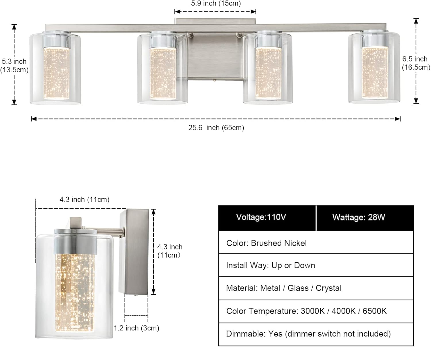 SineRise 4-Light Brushed Nickel Vanity Light with 3 Color Modes (3000K/4000K/6000K), Eye Protection LED Bathroom Light Fixture, Dimmable Modern Wall Light Over Mirror with Clear Glass Shade