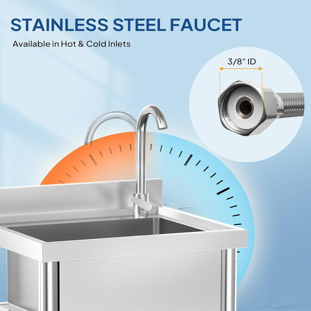 ROVSUN Stainless Steel Utility Sink with Faucet and Storage Shelf, 19.6'D x 21.6'W x 36.9'H, Compact Freestanding Single Bowl Wash Basin for Restaurant, Kitchen, Laundry, Garage & Outdoor Use