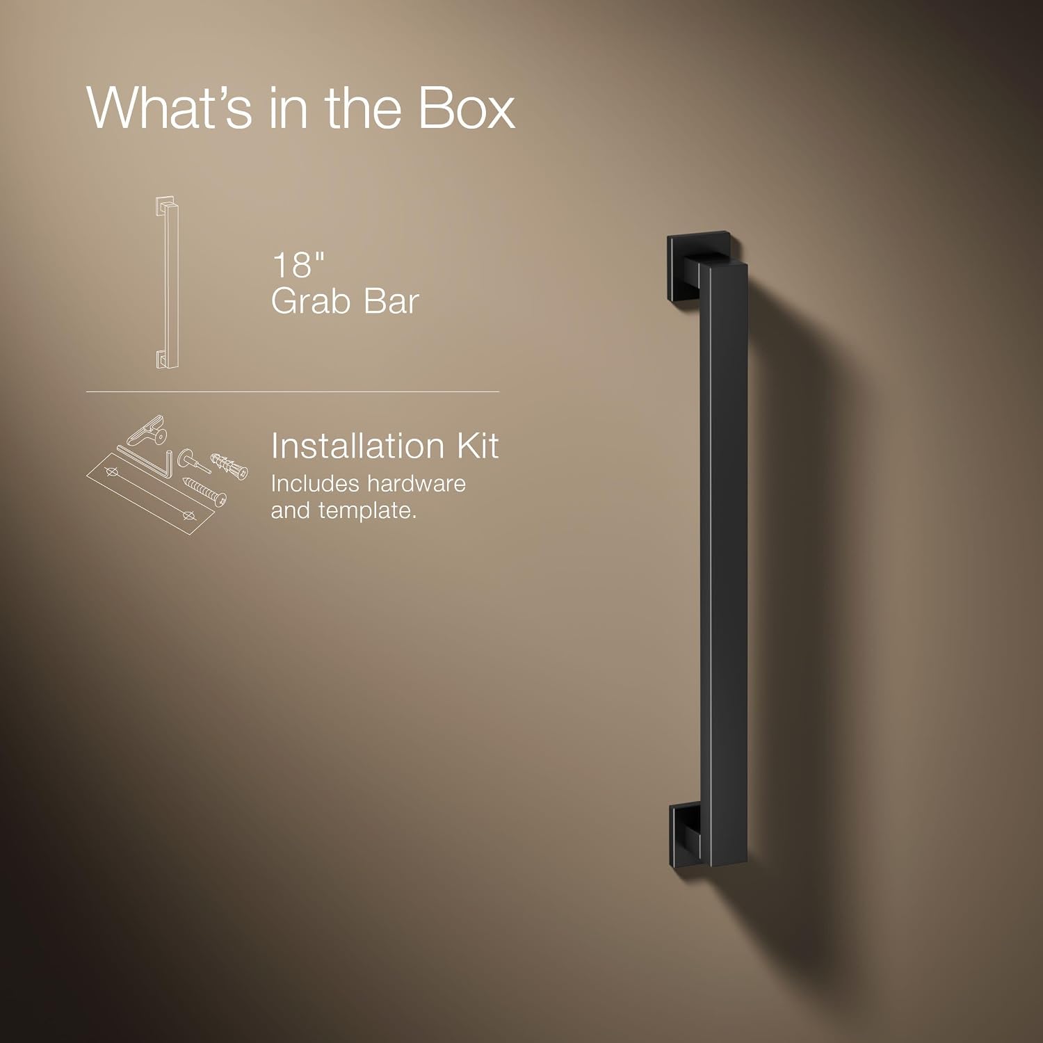 KOHLER K-23294-BL Square 18 Inch Grab Bar, Installation Hardware Included, 300lb Capacity, Matte Black