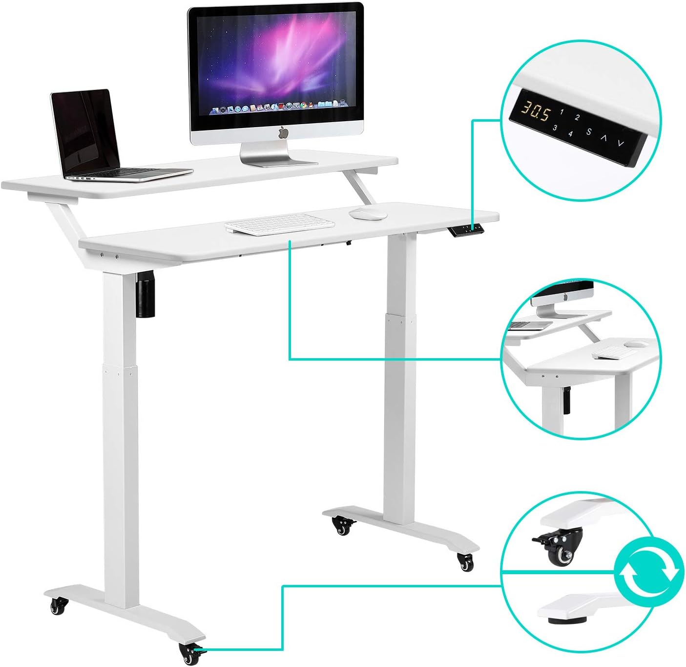 UNICOO Electric Height Adjustable 2-Tier Raising Desk with Wheels, Mobile Standing Desk with Monitor Stand, Ergonomic Adjustable Computer Table, Electric Standing Game Table for Home Office