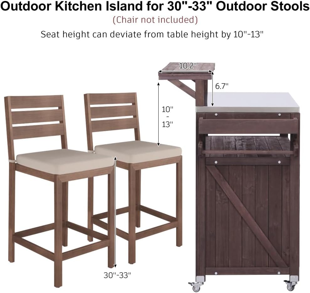 53.3' Outdoor Kitchen Island with Raised Shelf, Solid Wood Storage Cabinet with Stainless Steel Top, Outdoor Rolling Grill Cart with Internal Storage Rack, Adjustable Shelf, Spice Rack (Brown)