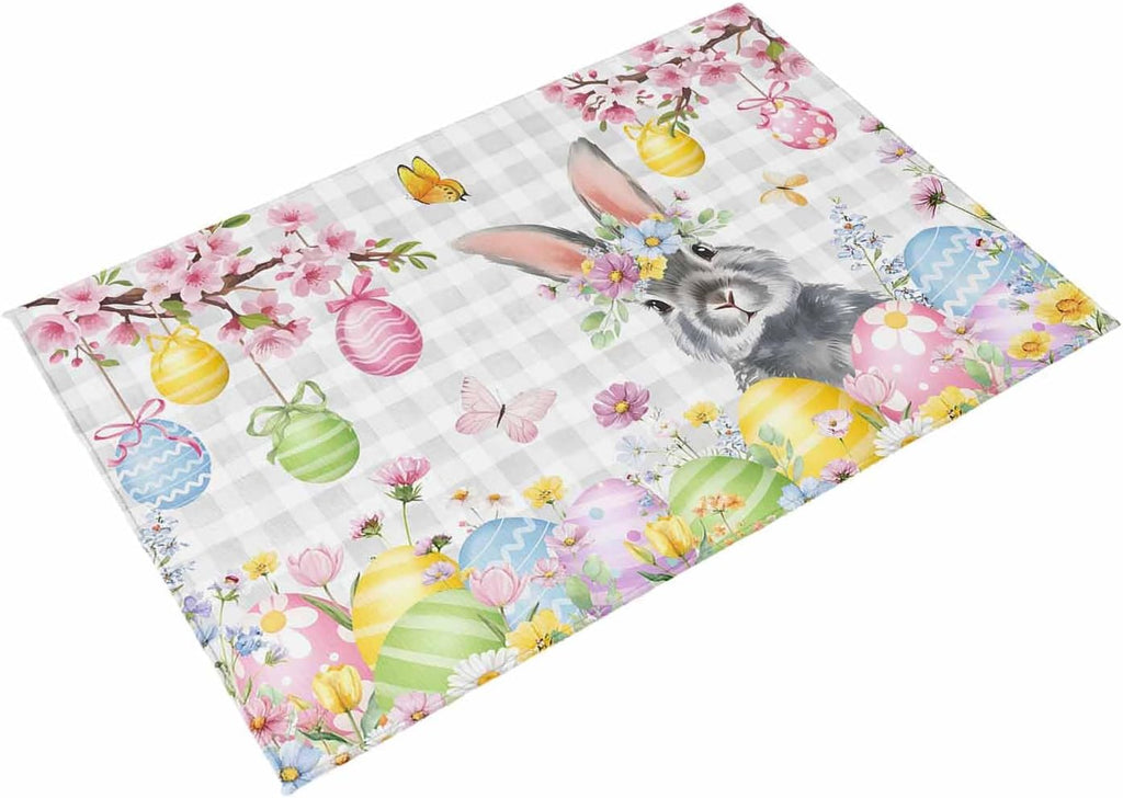 Grey Easter Bunny Outdoor Rug for Patio/Deck/Porch, Non-Slip Large Area Rug 6 x 9 Ft, Spring Colorful Eggs Flower Branch Plaid Indoor Outdoor Rugs Washable Area Rugs, Camping Rug Carpet Runner