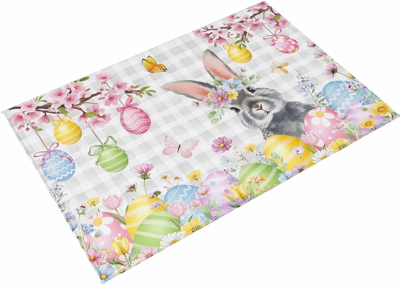 Grey Easter Bunny Outdoor Rug for Patio/Deck/Porch, Non-Slip Large Area Rug 6 x 9 Ft, Spring Colorful Eggs Flower Branch Plaid Indoor Outdoor Rugs Washable Area Rugs, Camping Rug Carpet Runner