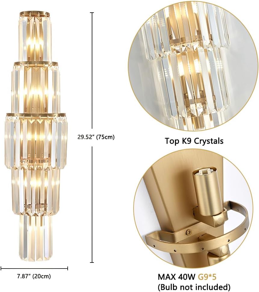 29.5 inch Modern Wall Sconce Contemporary Crystal Wall Sconce 5-Light Gold Bathroom Light Fixtures for Bedroom Hallway Living Room