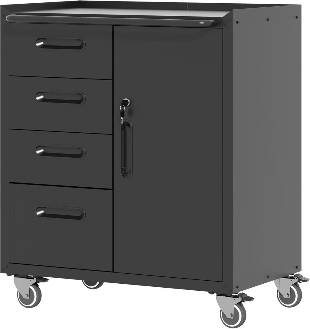 Metal Storage Cabinet with Wheels, Garage Storage Cabinet with 1 Door and 4 Drawer, Rolling Tool Cabinet, Assembly Required, Black