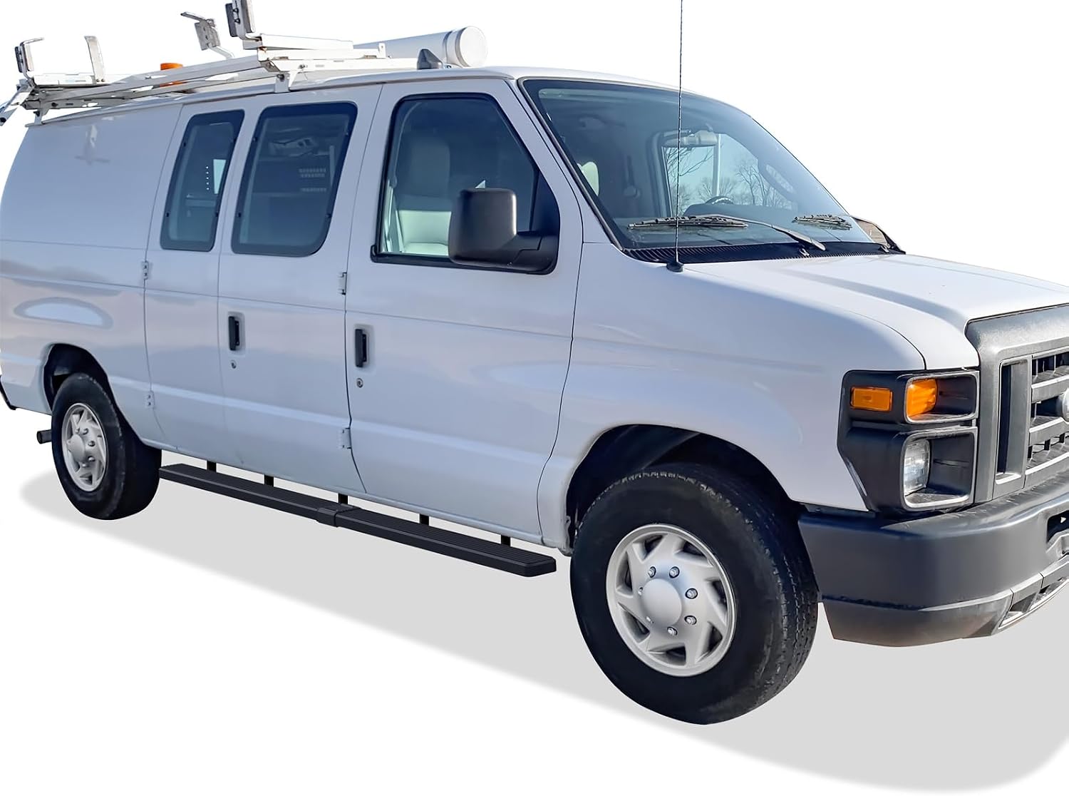 APS Running Boards (Nerf Bars Side Steps Step Bars) Compatible with Ford Econoline 1999-2014 Full Size Van 3-Door (Stainless Steel Black Powder Coated 5 inches)