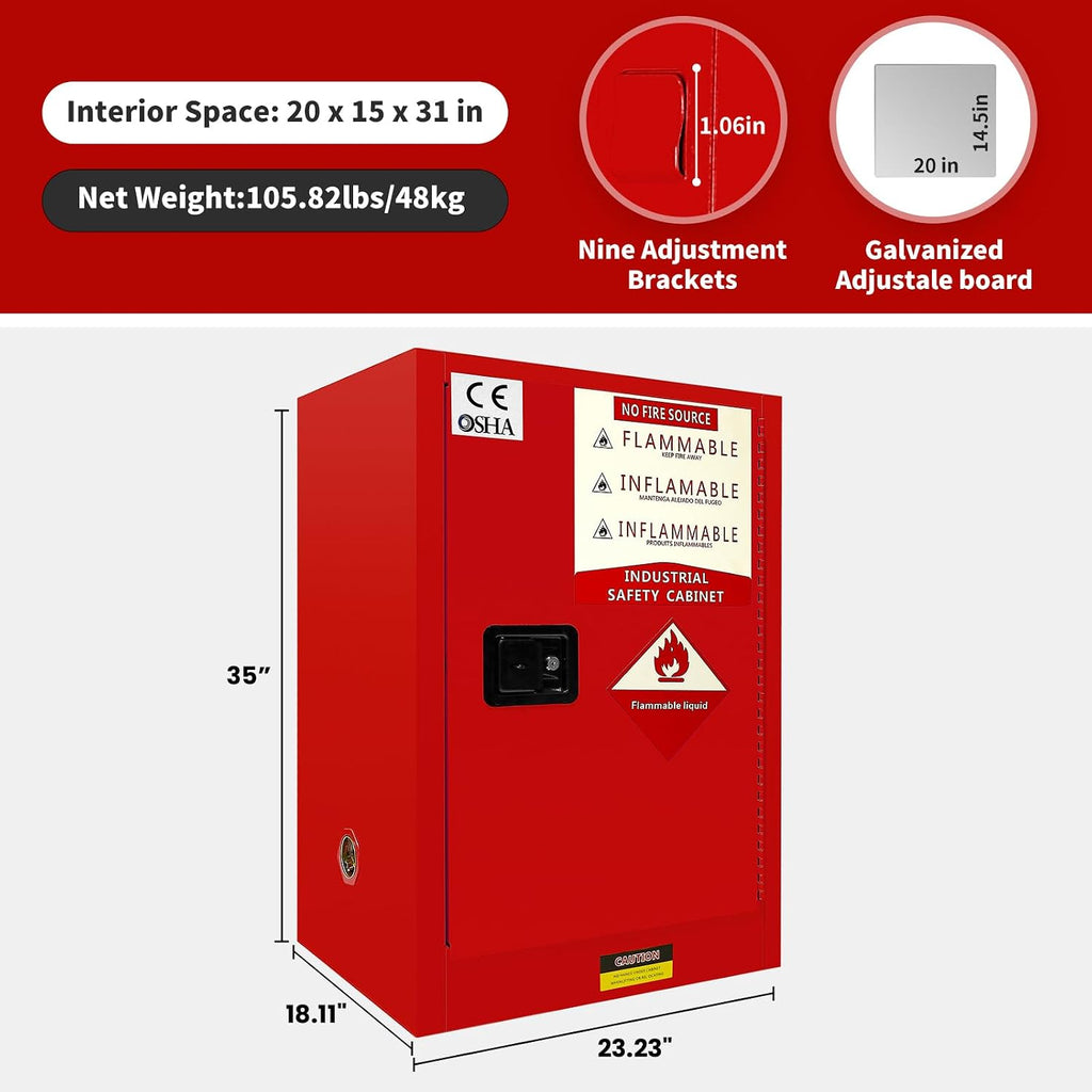 34 Gallon Flammable Cabinet 35H x 23.23W x 18.2D, Galvanized Steel Safety Storage Cabinet, Adjustable Shelf for Commercial Industrial Home Use (Red)