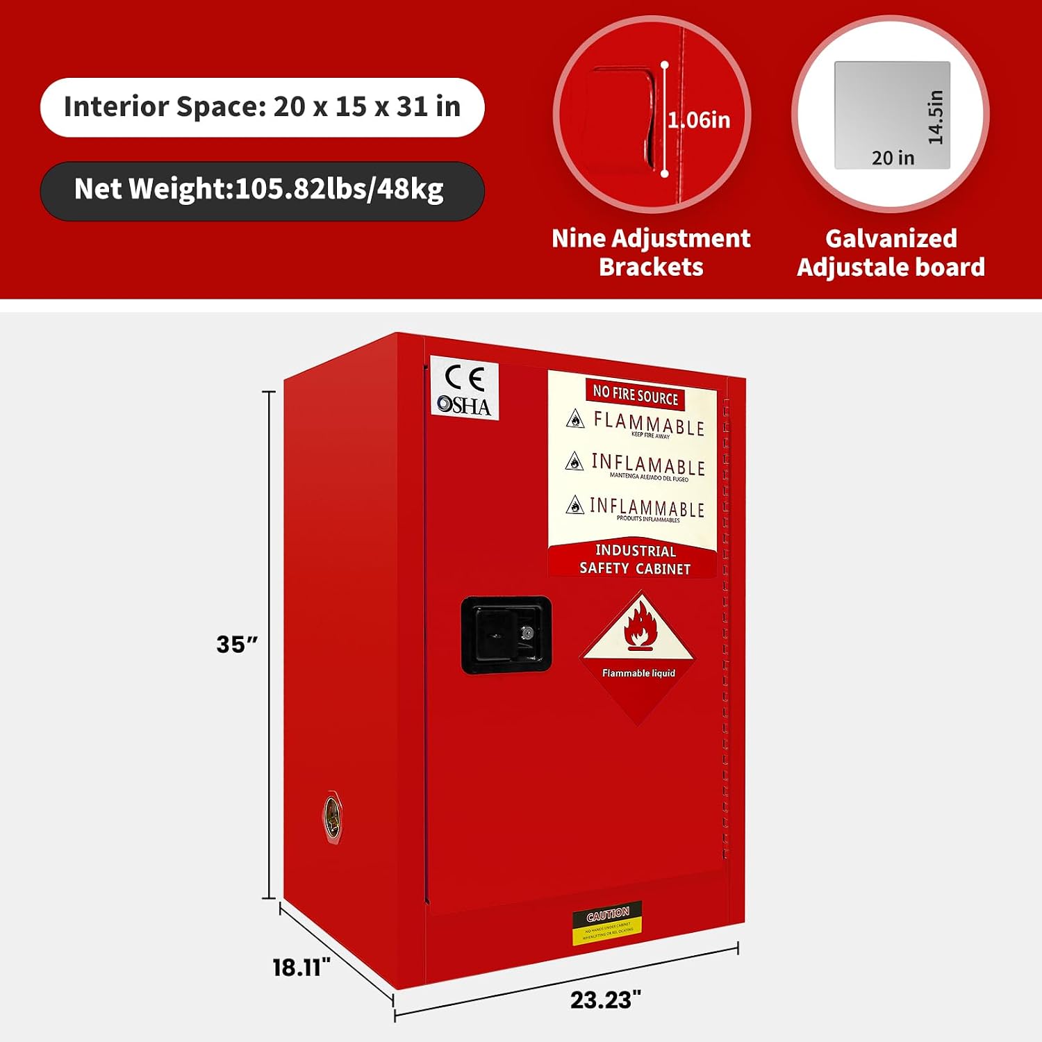 34 Gallon Flammable Cabinet 35H x 23.23W x 18.2D, Galvanized Steel Safety Storage Cabinet, Adjustable Shelf for Commercial Industrial Home Use (Red)