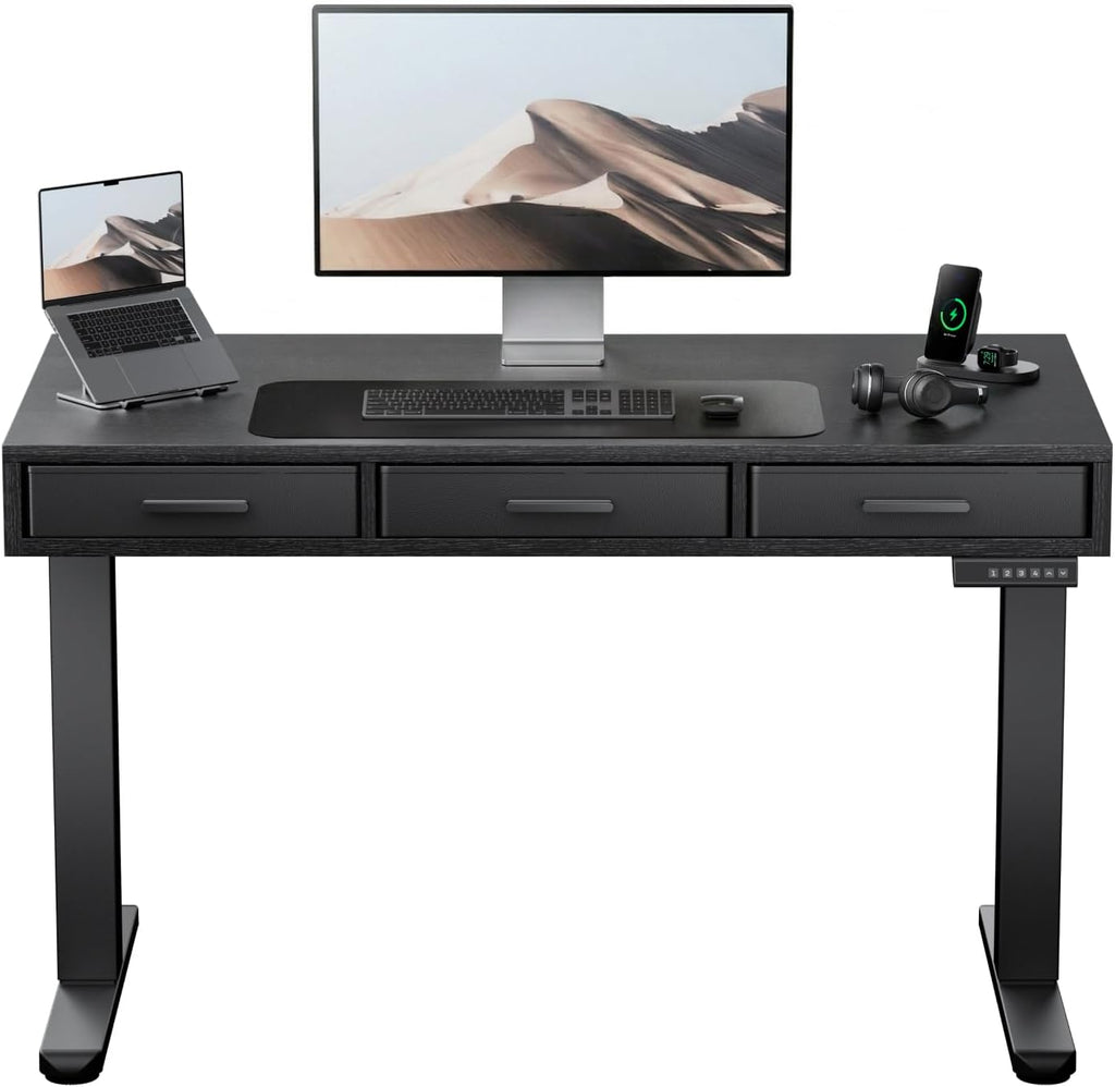 HUANUO Electric Standing Desk with Drawers, C-Clamp Mount Compatible, 40 x 22 Inch Height Adjustable Sit Stand Desk, Fabric Drawers, Home Office Stand Up Desk with 4 Custom Height Settings, Black