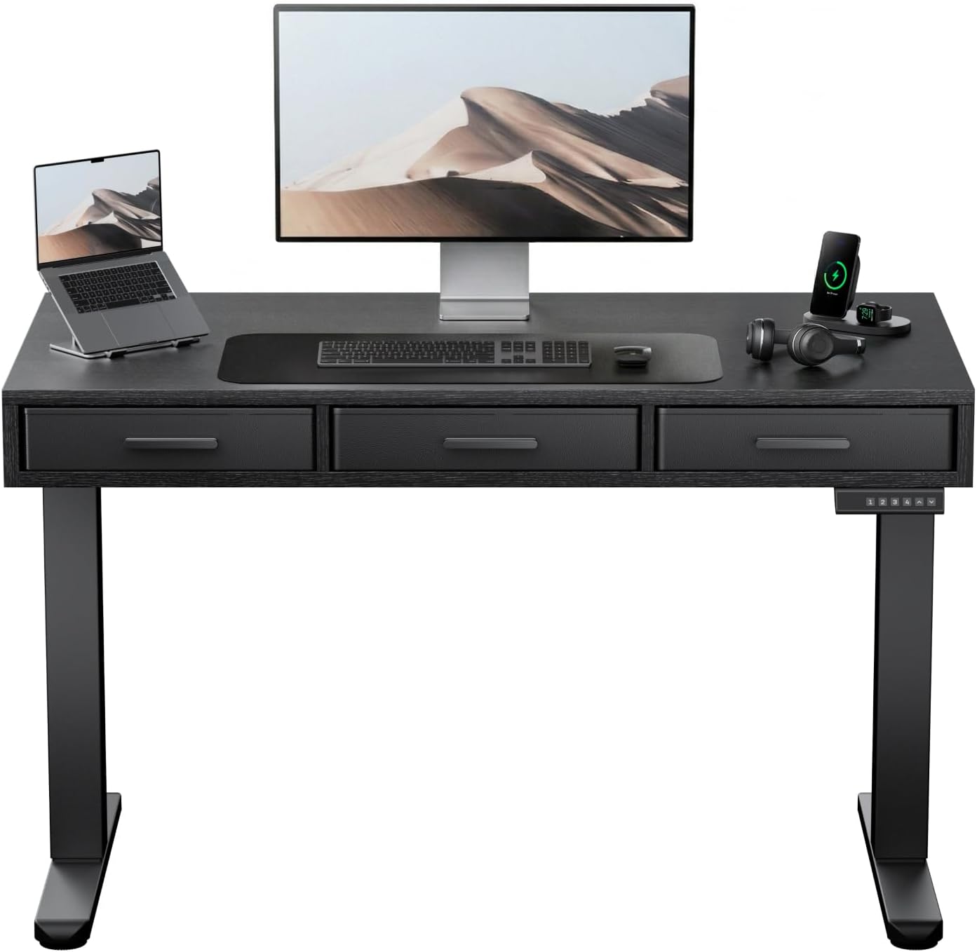 HUANUO Electric Standing Desk with Drawers, C-Clamp Mount Compatible, 40 x 22 Inch Height Adjustable Sit Stand Desk, Fabric Drawers, Home Office Stand Up Desk with 4 Custom Height Settings, Black