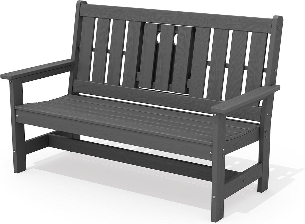 SERWALL Outdoor Bench with Cup Holder, 58' HDPE Garden Park Bench Suitable for 3 Person, All Weather Patio Benches with High Backrest and Wide Armrests for Garden, Park, Yard, Front Porch, Grey