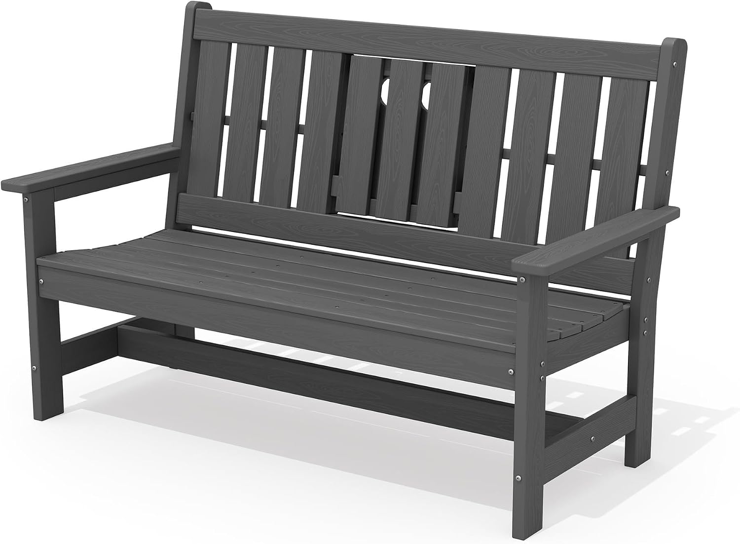 SERWALL Outdoor Bench with Cup Holder, 58' HDPE Garden Park Bench Suitable for 3 Person, All Weather Patio Benches with High Backrest and Wide Armrests for Garden, Park, Yard, Front Porch, Grey