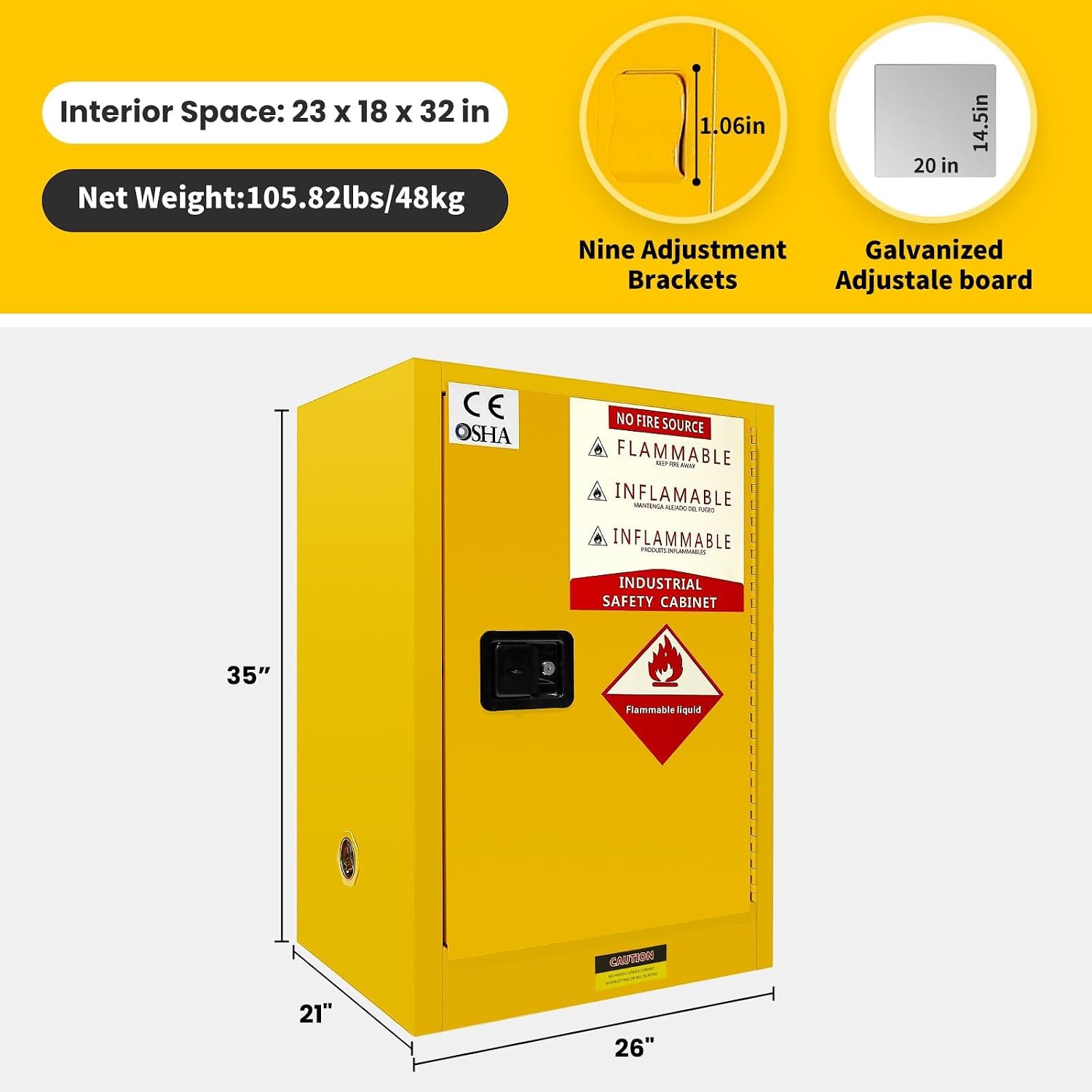 57 Gallon Flammable Storage Cabinet 35H x 26D x 21W - OSHA, Galvanized Steel Flammable Cabinet, Adjustable Shelf for Commercial Industrial Home Use