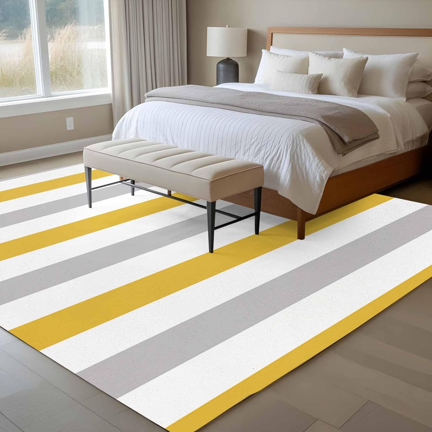6x9 Dining Room Rugs for Under Table, Orange Grey Striped Washable Large Area Rug for Living Room, Geometric Vertical Stripes White Low Pile Carpets Non-Slip Floor Rugs for Bedroom Office