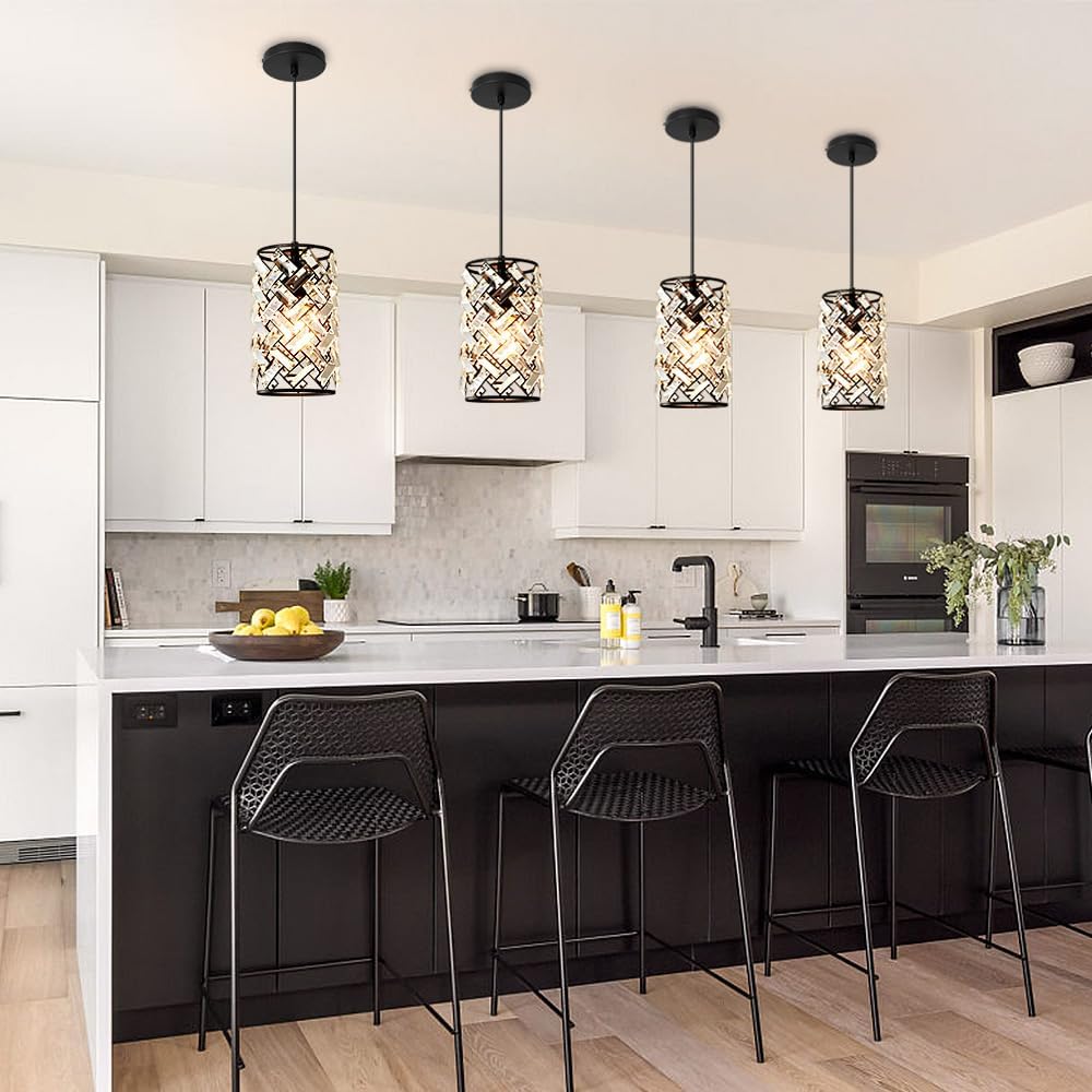 Black Pendant Lights Kitchen Island, Mini Crystal Modern Kitchen Pendant Lighting Over Sink with 10.2' Clear Glass Shade Chandeliers, Adjustable Pendant Light Fixture for Dinning Room Bedroom Entryway