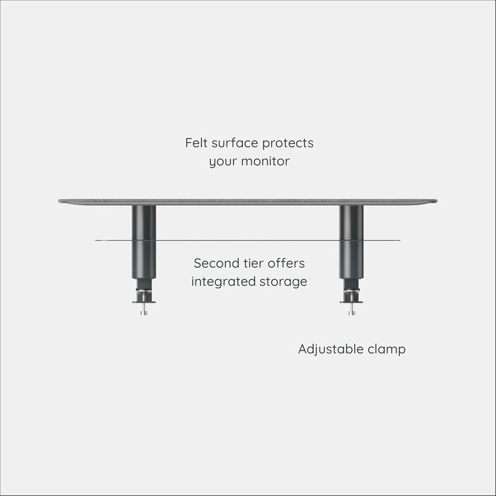 Branch Monitor Stand - Elegant, Durable Powder-Coated Steel Stand with Soft Felt Liner - Small Monitor Riser Second Tier Storage - Installs with a Universal Clamp for Ergonomic Workspace - Charcoal
