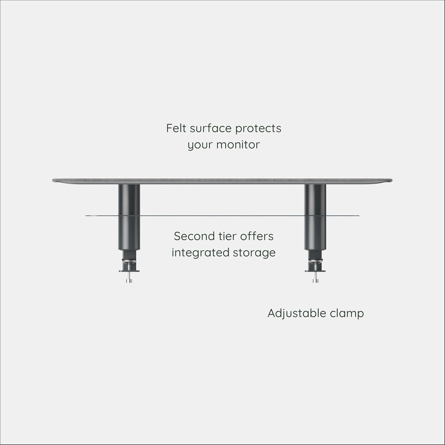 Branch Monitor Stand - Elegant, Durable Powder-Coated Steel Stand with Soft Felt Liner - Small Monitor Riser Second Tier Storage - Installs with a Universal Clamp for Ergonomic Workspace - Charcoal