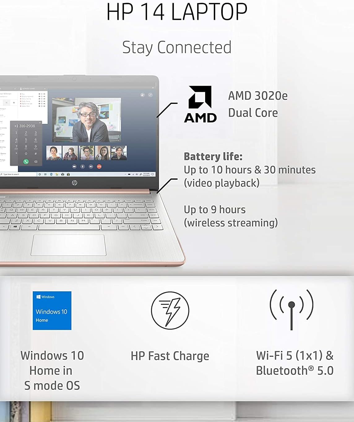 HP - 14-fq0060nr 14 Laptop, AMD 3020e, 4 GB RAM, 64 GB eMMC Storage, 14-inch HD Touchscreen, Windows 10 Home in S Mode, Long Battery Life, Microsoft 365, (14-fq0060nr, 2020) Pale Rose Gold