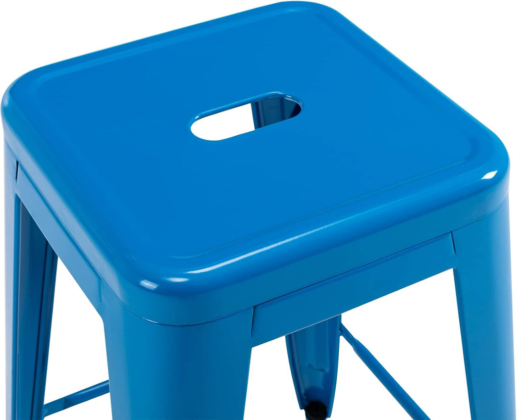 Vogue Furniture Direct 24 Inch Metal Bar Stools, Backless Counter Height Barstools, Indoor Outdoor Stackable Stools with Square Seat, Set of 4 (Blue)