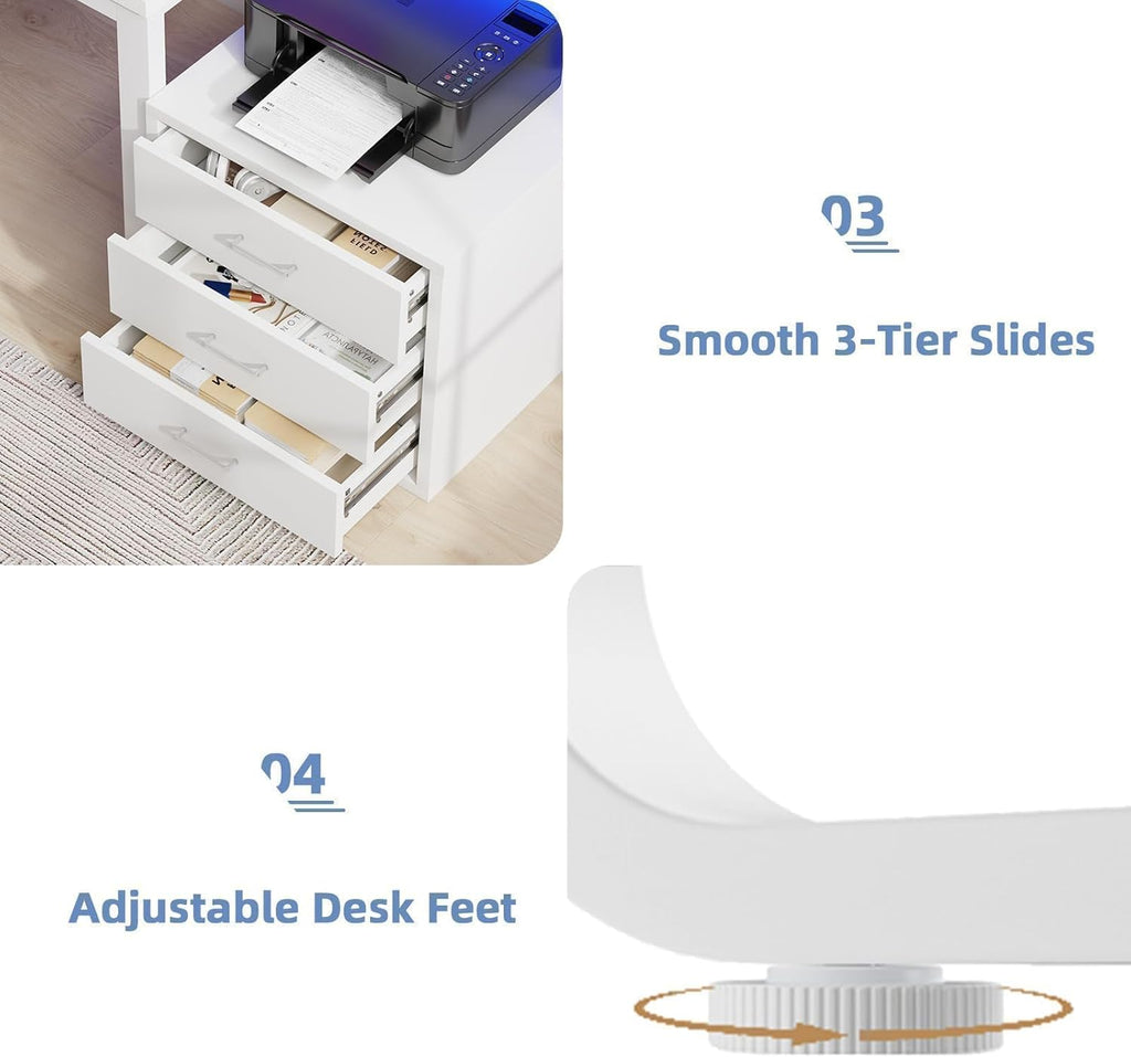 MaverickFurni 67' White Desk with Drawers, Reversible Computer Desk with Moniter Stand and LED Lights, Home Office Desk with Printer Shelf, White