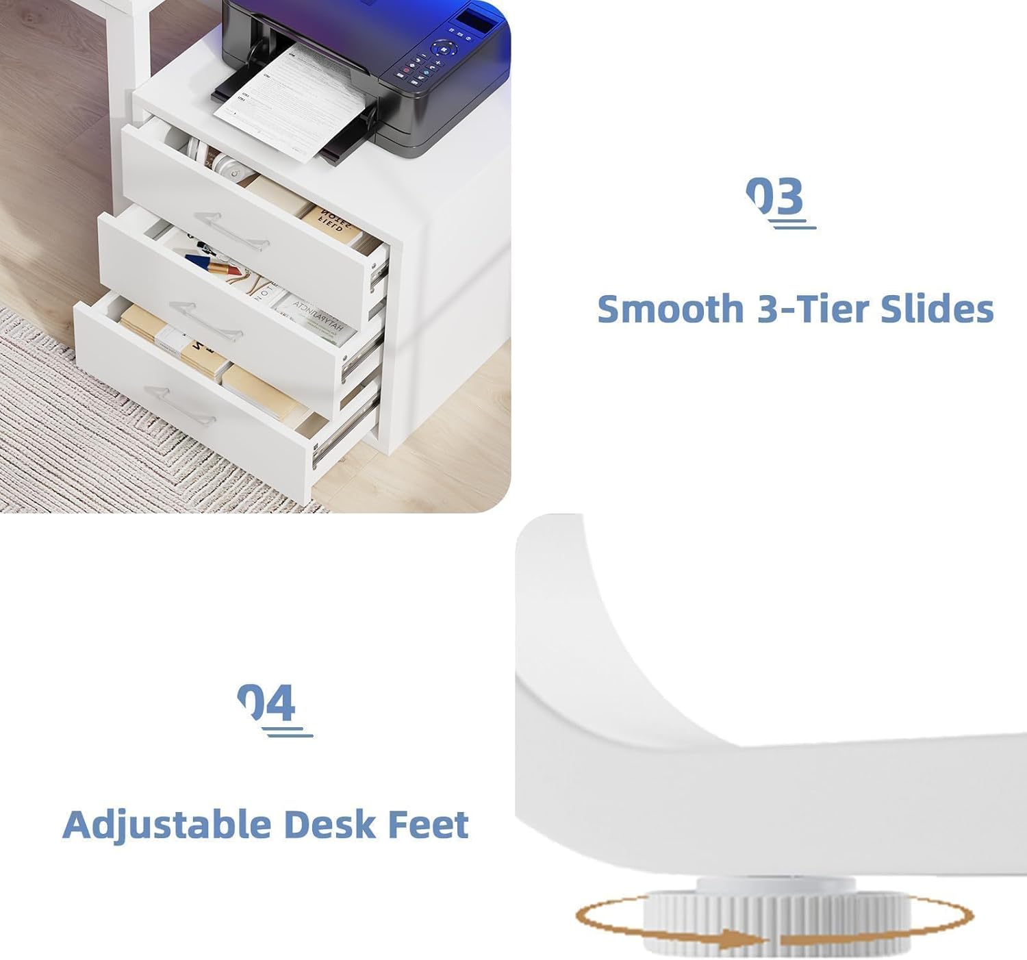 MaverickFurni 67' White Desk with Drawers, Reversible Computer Desk with Moniter Stand and LED Lights, Home Office Desk with Printer Shelf, White