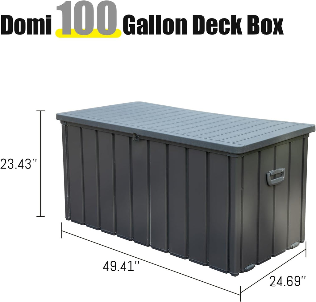 Domi Deck Box Outdoor Storage Box 100 Gallon, Large Metal Storage Cabinet with Resin Lid, Waterproof Lockable Patio Storage Box for Cushions Garden Tools Pool-Supplies, Dark Grey