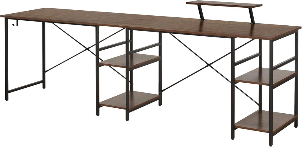 Techni Mobili Office Desk - Reversible L Shaped Desk with Storage Shelves, Monitor Stand & Accessory Holder - Ergonomic & Industrial Workstation Corner Table with Durable Steel Frame, Walnut