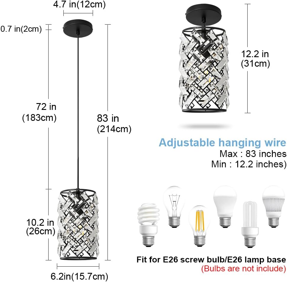Black Pendant Lights Kitchen Island, Mini Crystal Modern Kitchen Pendant Lighting Over Sink with 10.2' Clear Glass Shade Chandeliers, Adjustable Pendant Light Fixture for Dinning Room Bedroom Entryway