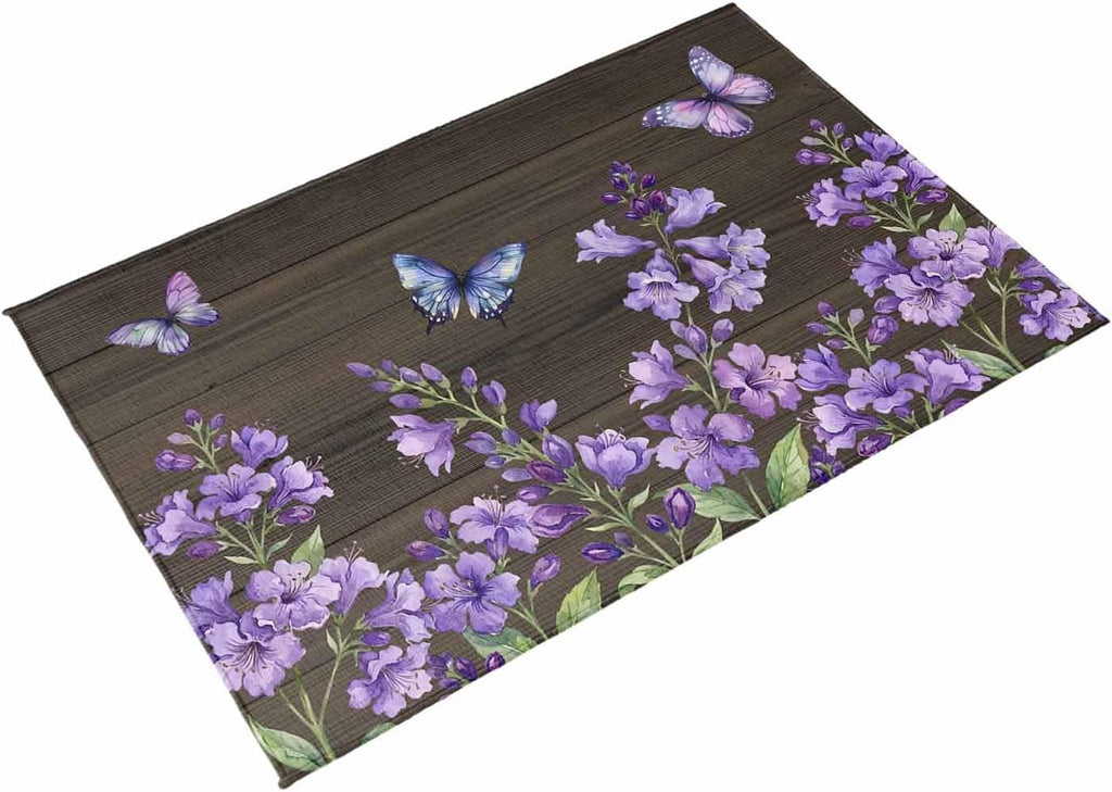 Purple Flowers Outdoor Rug for Patio/Deck/Porch, Non-Slip Large Area Rug 5 x 7 Ft, Butterfly Spring Floral Wooden Farmhouse Indoor Outdoor Rugs Washable Area Rugs, Reversible Camping Rug Carpet Runner