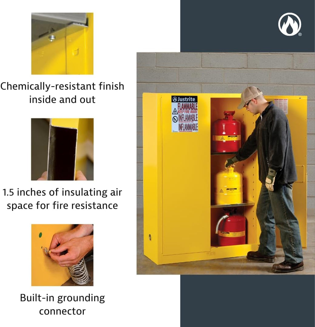 Justrite 30 Gallon Manual Close Flammable Storage Cabinet, 18 Gauge Steel, 1 Shelf, 2 Door Fire Cabinet, 44' x 43' x 18', Made in The USA, Yellow, 893000