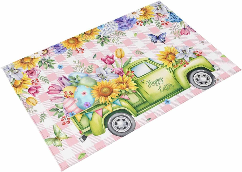Spring Easter Outdoor Rug for Patio/Deck/Porch, Non-Slip Large Area Rug 5 x 7 Ft, Colorful Eggs Floral Truck Butterflies Pink Plaid Indoor Outdoor Rugs Washable Area Rugs, Camping Rug Carpet Runner