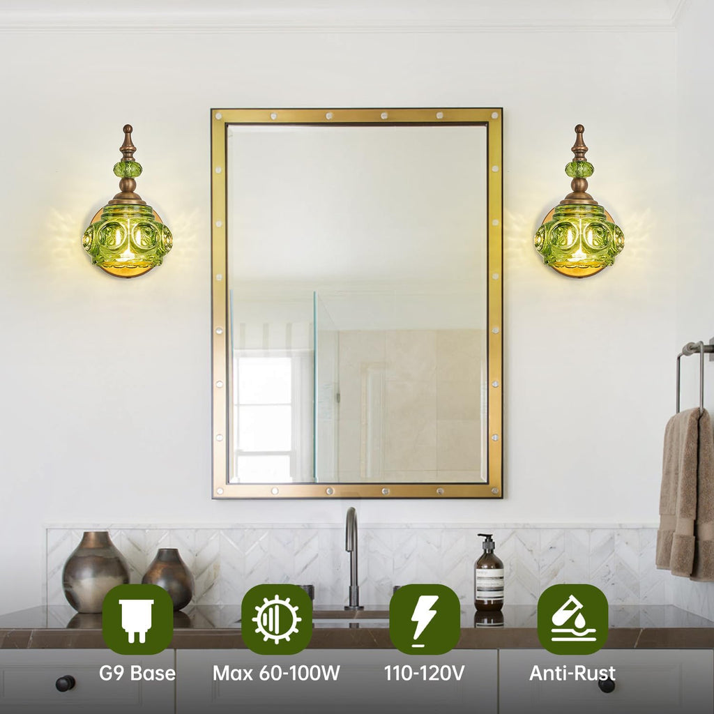 2-Pack Wall Sconces Green + Brass Bathroom Vanity Lighting Fixtures, Vintage Vanity Light Rust-Proof and Durable for Bedroom Living Room Hallway