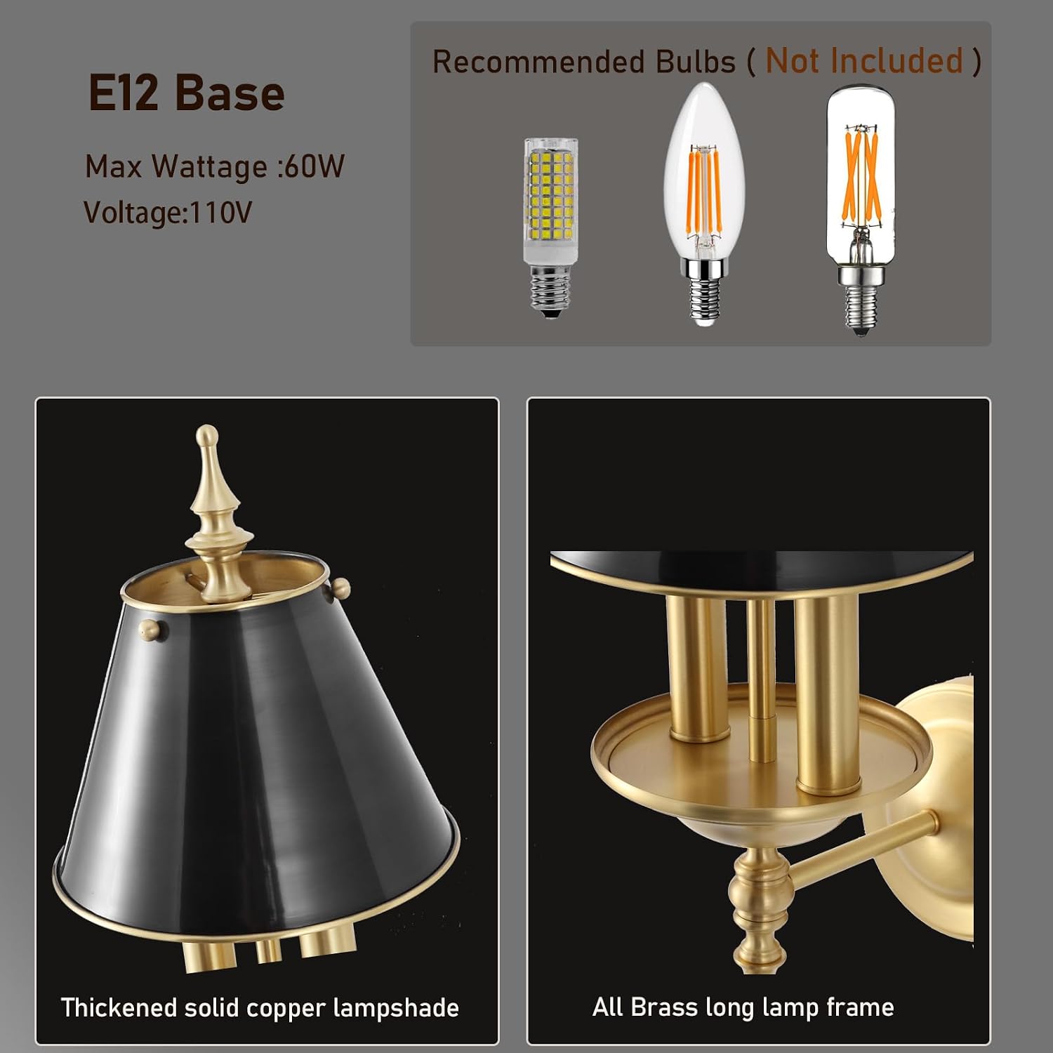 BYOLIIMA Brass Wall Sconce 2-Lights Modern Gold Black Bathroom Wall Lighting Vanity Light Fixtures Solid Copper Shade Industrial Wall Mount Lights for Bedroom Living Room E12
