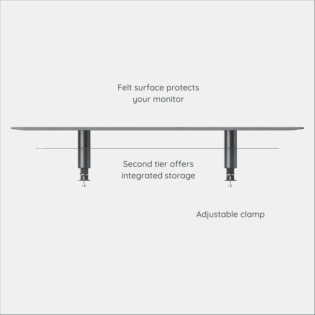 Branch Monitor Stand - Elegant, Durable Powder-Coated Steel Stand with Soft Felt Liner - Small Monitor Riser Second Tier Storage - Installs with a Universal Clamp for Ergonomic Workspace - Charcoal