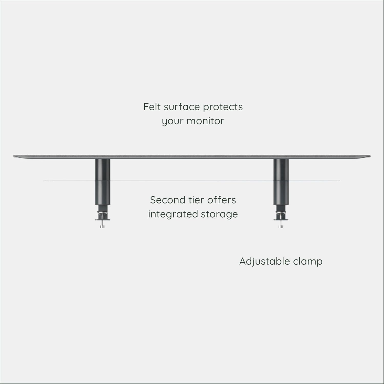 Branch Monitor Stand - Elegant, Durable Powder-Coated Steel Stand with Soft Felt Liner - Small Monitor Riser Second Tier Storage - Installs with a Universal Clamp for Ergonomic Workspace - Charcoal