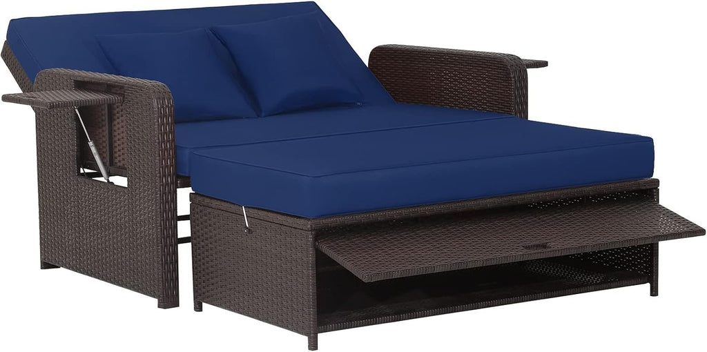 COSTWAY Patio Rattan Daybed with Cushions, Outdoor Wicker Loveseat Sofa with Storage Ottoman, 4-Level Adjustable Backrest, Bed Lounger for Yard, Balcony, Porch, Garden, Pool, Navy