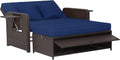 COSTWAY Patio Rattan Daybed with Cushions, Outdoor Wicker Loveseat Sofa with Storage Ottoman, 4-Level Adjustable Backrest, Bed Lounger for Yard, Balcony, Porch, Garden, Pool, Navy