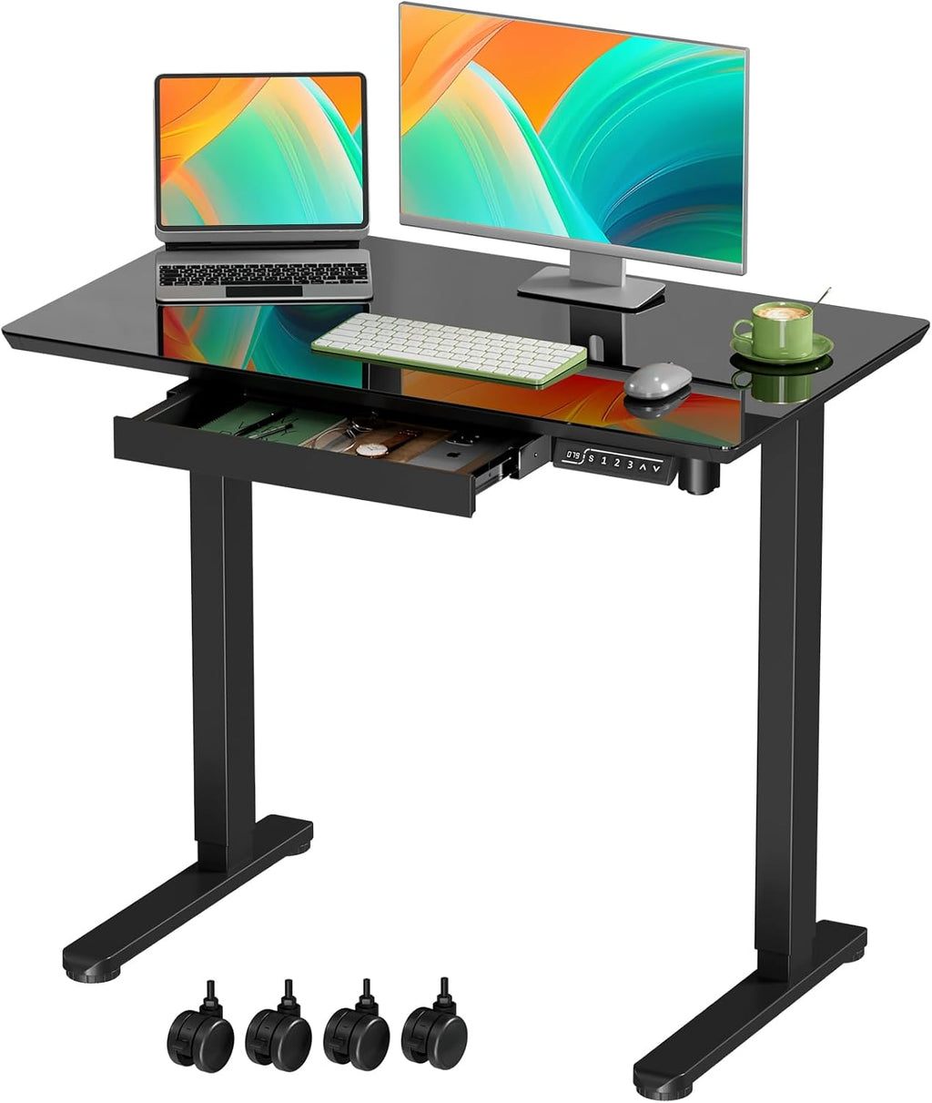 Gibbon Mounts Glass Standing Desk with Drawer, Electric Sit Stand Desk with Wheels, 35×20Inch Whole Piece Height Adjustable Rising Table, Small Computer Workstation, Black