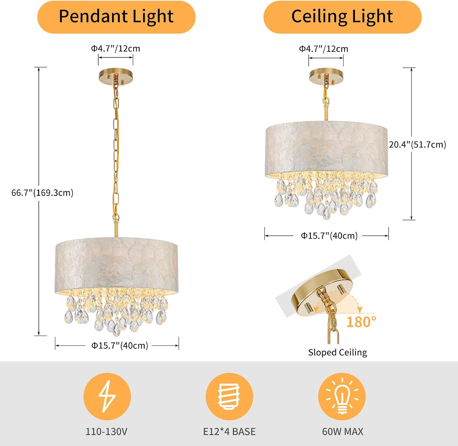 LumFurn D16in Drum Capiz Shell Crystal Chandeliers, 4-Light Coastal Style Pendant Light Fixture for Dining Room, Living Room, D16x20~67'(Adjustable), Shell Lampshade, K9Crystal & Gold Finish