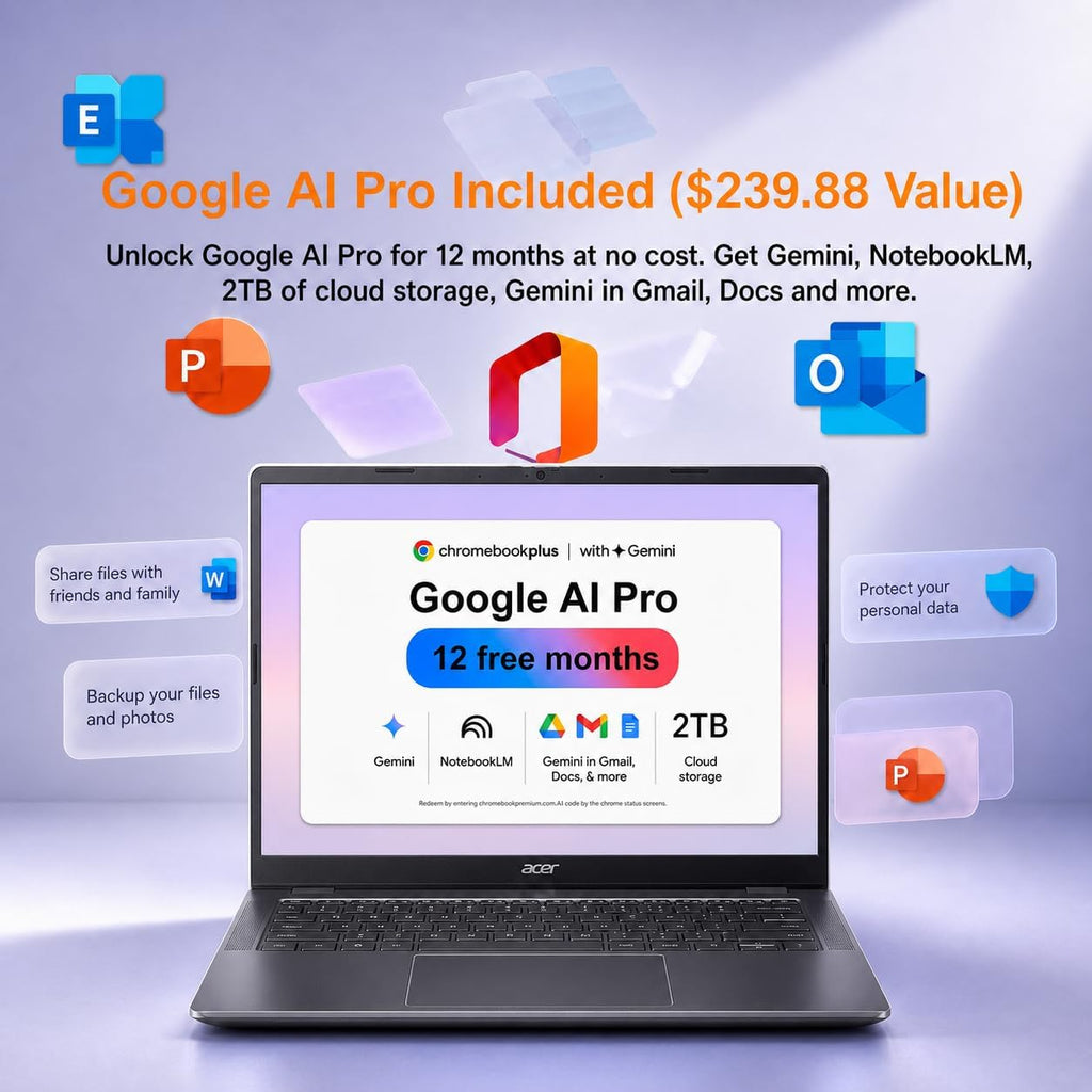 Acer Chromebook Plus 514 Laptop (14' FHD+ Touchscreen, Intel 8-Core i3-N355, 8GB RAM, 512GB SSD) Education, K12, Students & Business, 1080p Webcam, Backlit KB, Lightweight, Google AI, Chrome OS