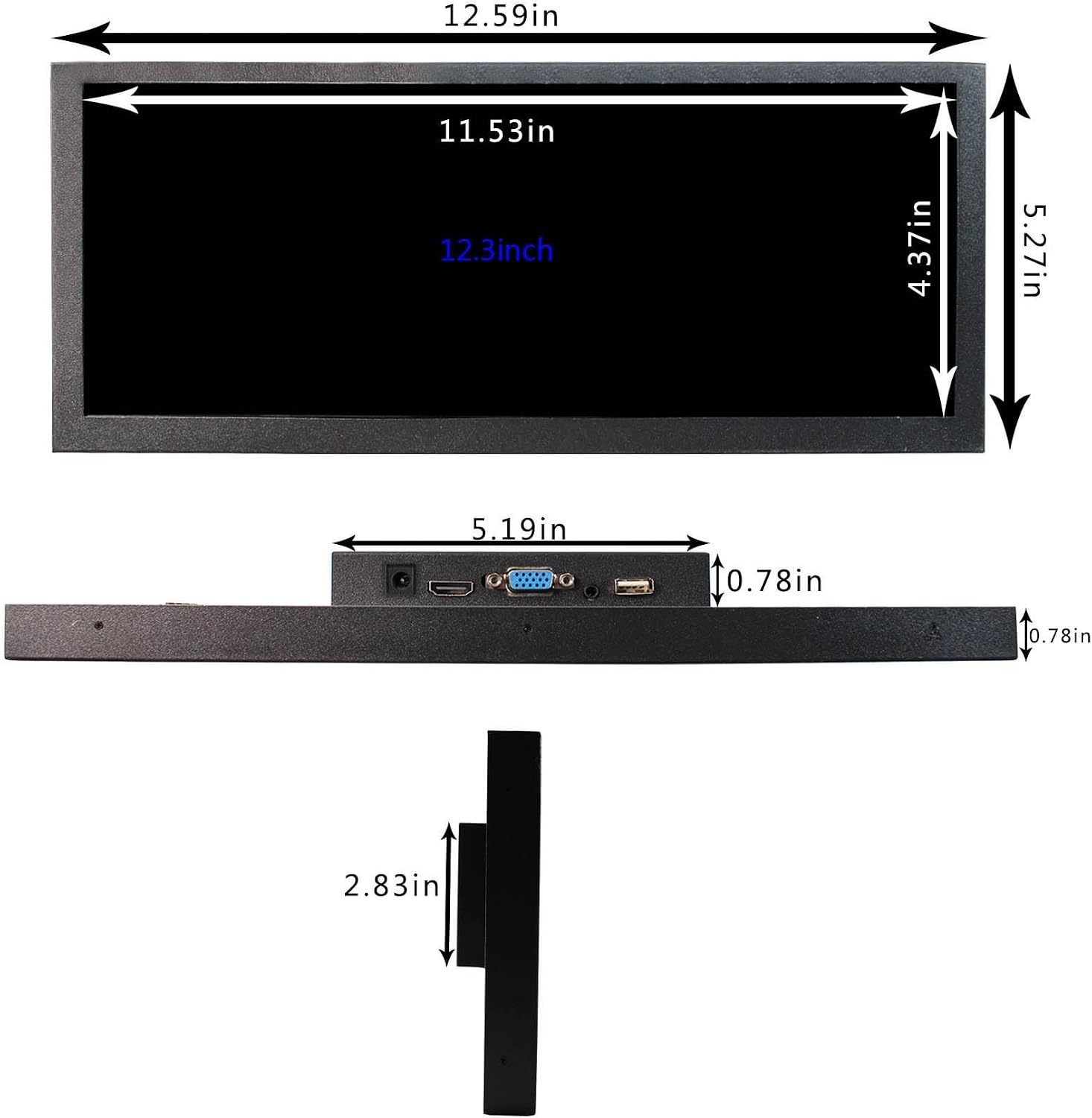 VSDISPLAY 12.3 inch 12.3'' 1920x720 600nit IPS Portable LCD Monitor VS123ZJ01A,with USB VGA Video Port,Dual Speakers, as DIY Stretched Bar Display