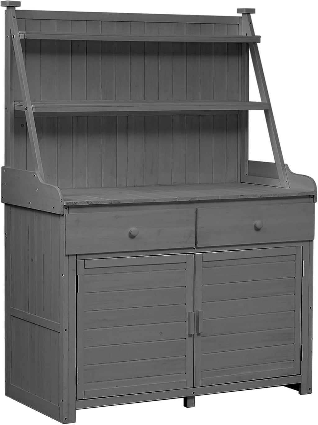 JIVOIT Modern 65inch Garden Potting Bench Table, Fir Wood Workstation with Three-Tier Storage Shelf, Two Drawer and Cabinet, Large Gardening Workstation for Outdoor Space