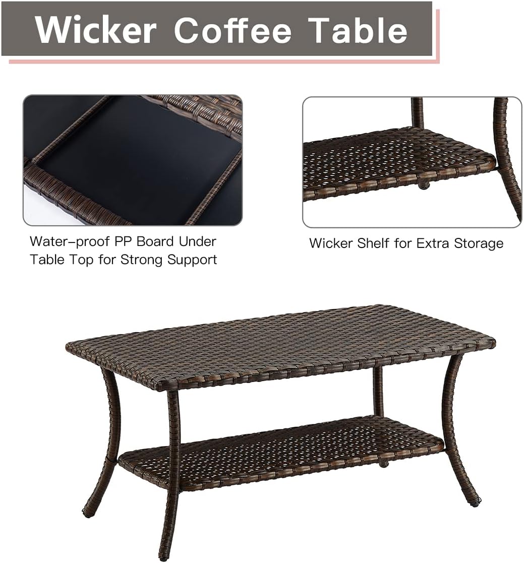 HUMMUH Wicker Patio Coffee Table,Rattan Outdoor Coffee Table with 2-Layer Storage Furniture Tables for Garden,Porch,Backyard