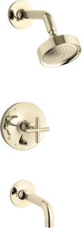 KOHLER K-T14421-3-AF Purist Rite-Temp Pressure-Balancing Bath and Shower Faucet Trim with Push-Button Diverter, 7-3/4' Spout and Cross Handle, Valve Not Included, Vibrant French Gold
